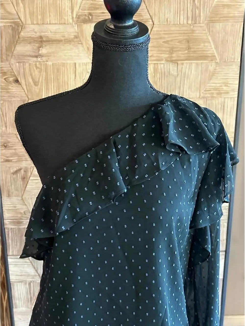 NWT Avec Les Filles Black Blue Polka Dot One Shoulder Ruffle Blouse Small Sheer
